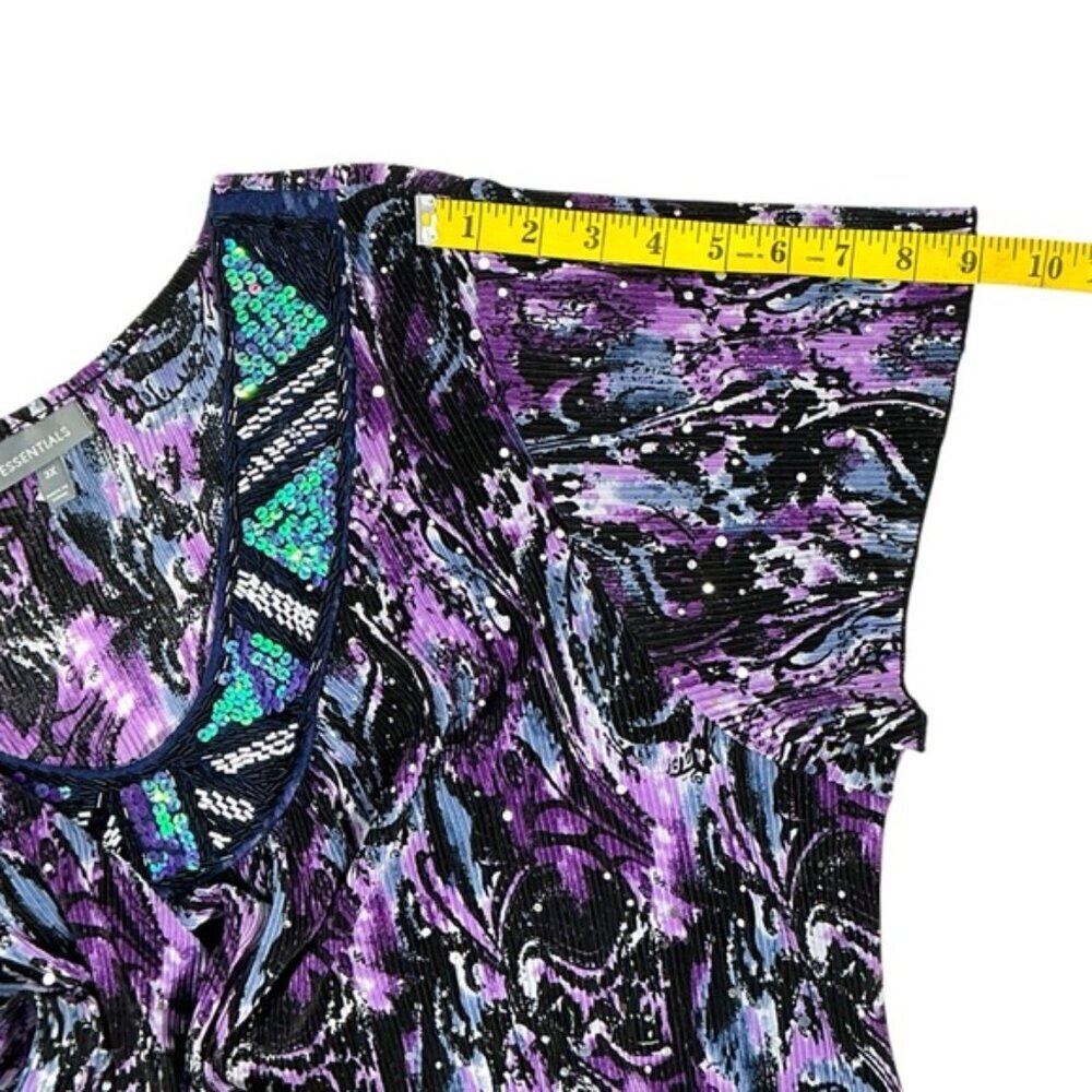 Essentials Sequin Top Beaded Flutter Sleeve Pullover Blouse Purple Teal Plus 3X - Picture 6 of 15